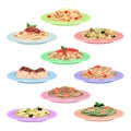 Italian pasta set, spaghetti dishes on plates cartoon vector Illustrations Royalty Free Stock Photo