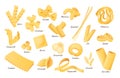 Italian pasta shapes. Fettuccine, spaghetti and lasagna. Dry cannelloni, ravioli and macaroni. Pasta ingredients cartoon