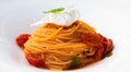 Italian pasta - spaghetti with burrata cheese closeup, mediterranean diet