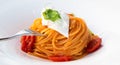 Italian pasta - spaghetti with burrata cheese closeup, mediterranean diet