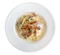 Italian pasta spaghetti carbonara with fried bacon in ceramic plate isolated on white, path Royalty Free Stock Photo