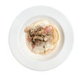 Italian pasta spaghetti carbonara with fried bacon in ceramic plate top view isolated on white background, clipping path Royalty Free Stock Photo