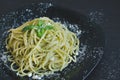 Italian pasta spaghetti with homemade pesto sauce and basil leaf Royalty Free Stock Photo