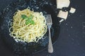 Italian pasta spaghetti with homemade pesto sauce and basil leaf Royalty Free Stock Photo