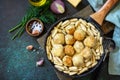 Italian pasta. Spaghetti with meatballs in cheese sauce on a dark stone or concrete background. Top view, flat lay background. Royalty Free Stock Photo