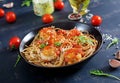 Italian pasta. Spaghetti with meatballs and parmesan cheese Royalty Free Stock Photo