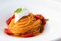 Italian pasta - spaghetti with mozzarella cheese closeup, mediterranean diet