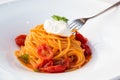 Italian pasta - spaghetti with mozzarella cheese closeup, mediterranean diet