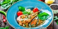 Italian pasta spaghetti with seafood, langoustine, mussels, squid, scallops, shrimp, Parmesan cheese Royalty Free Stock Photo