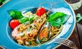 Italian pasta spaghetti with seafood, langoustine, mussels, squid, scallops, shrimp, Parmesan cheese Royalty Free Stock Photo