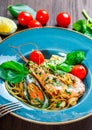 Italian pasta spaghetti with seafood, langoustine, mussels, squid, scallops, shrimp, Parmesan cheese Royalty Free Stock Photo