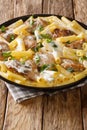 Italian pasta Tortiglioni with fried chicken in a cream cheese sauce closeup in a plate. vertical