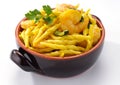Italian pasta, trofie with shrimps and zucchini