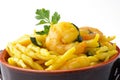 Italian pasta, trofie with shrimps and zucchini