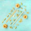 Italian pasta of various types, a square flatlay banner, shot from the top e