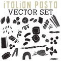 Italian Pasta Vector Set with pasta shells, rigatoni, ravioli, spaghetti, bows, orzo, and cavatappi.