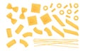 Italian pasta vector set. Wheat different types raw food. Macaroni, spaghetti, noodle, farfalle, penne, ravioli