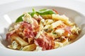 Italian Penne Pasta with Bacon and Blue Cheese Close Up Royalty Free Stock Photo