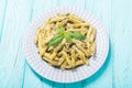 Italian penne pasta with sauce pesto . Royalty Free Stock Photo