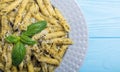 Italian penne pasta with sauce pesto Food background Royalty Free Stock Photo