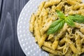 Italian penne pasta with sauce pesto Food background Royalty Free Stock Photo