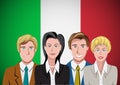 Italian people, ahead of the flag. Portrait of teamwork in flat design. Vector cartoon