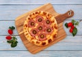 Italian pepperoni pizza isolated on wooden background top view pizza. A Italian Traditional fast food Royalty Free Stock Photo