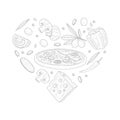 Italian Pizza Banner Template, Traditional Italian Dish Ingredients of Heart Shape Hand Drawn Vector Illustration Royalty Free Stock Photo