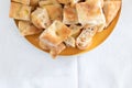 Italian pizza bread chopped for party finger food. Salami, prosciutto and mortadella, italian food birthday party.  Pizza bianca Royalty Free Stock Photo