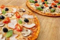 Italian pizza with cheese slice, baked food, tomato