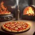 Italian pizza is cooked in a wood-fired oven. Fire on the background. Generative AI Royalty Free Stock Photo