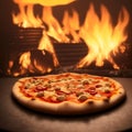 Italian pizza is cooked in a wood-fired oven. Fire on the background. Generative AI