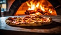 Italian pizza cooked in a wood oven. AI generative.