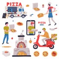 Italian Pizza Cooking and Delivery Service with Wood-fired Oven, Pizzaiolo and Courier on Scooter Vector Set Royalty Free Stock Photo