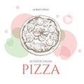 Italian pizza design template. Hand drawn sketch style pizza. Best for Italian restaurant menu and package designs. Royalty Free Stock Photo