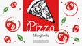 Italian pizza design template. Pizza Margherita slice in hand drawn sketch style and pizza ingredients in flat modern style. Best