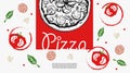 Italian pizza design template. Pepperoni pizza in hand drawn sketch style and pizza ingredients in flat modern style. Best for fly Royalty Free Stock Photo