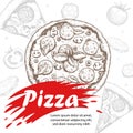 Italian pizza design template. Pepperoni pizza in hand drawn sketch style and pizza ingredients in flat modern style. Best for fly Royalty Free Stock Photo