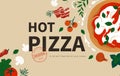 Italian pizza. Food background, pasta ingredients illustration, tomato and cheese on wooden board. Menu cover. Pizzeria