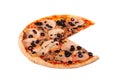 Italian pizza with ham, mozzarella, mushrooms and olives, without a quarter, isolated on white background, angle view Royalty Free Stock Photo