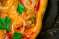 Appetizing pizza background closeup. Home made food. Royalty Free Stock Photo