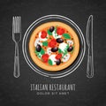 Italian pizza and hand drawing outline watercolor dish, fork and knife on textured black chalkboard background.