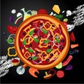 Italian pizza ingredients on dark backround. Top view, vector banner. Cartoon style.