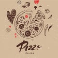 Italian pizza made with passion, love. Cooking template with national Italian symbols, food. Hand drawn. Cover, la