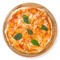 Italian pizza Margherita with basil on wooden board top view isolated on white Royalty Free Stock Photo