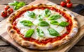 Italian pizza Margherita with cheese, tomato sauce and basil on grey concrete table top view Royalty Free Stock Photo