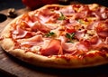 Italian pizza with prosciutto parma ham slices on tables.Macro.Ai Generative