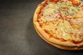 Italian pizza Quatro Formaggi. Mozzarella, Emmental, Parmesan, Gorgonzola Royalty Free Stock Photo