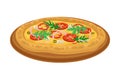 Italian Pizza with Round Flattened Dough Topped with Sliced Tomatoes and Greenery Vector Illustration