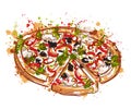 Italian pizza with splashes in watercolor style. Royalty Free Stock Photo